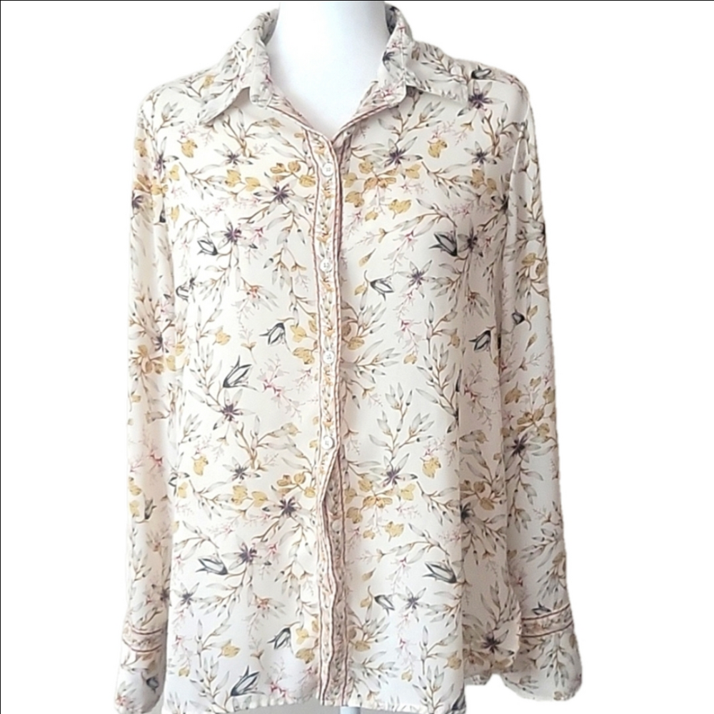 MAX Floral Funky Boho Collar Button Down Shirt Tan And Cream With Red Trim L